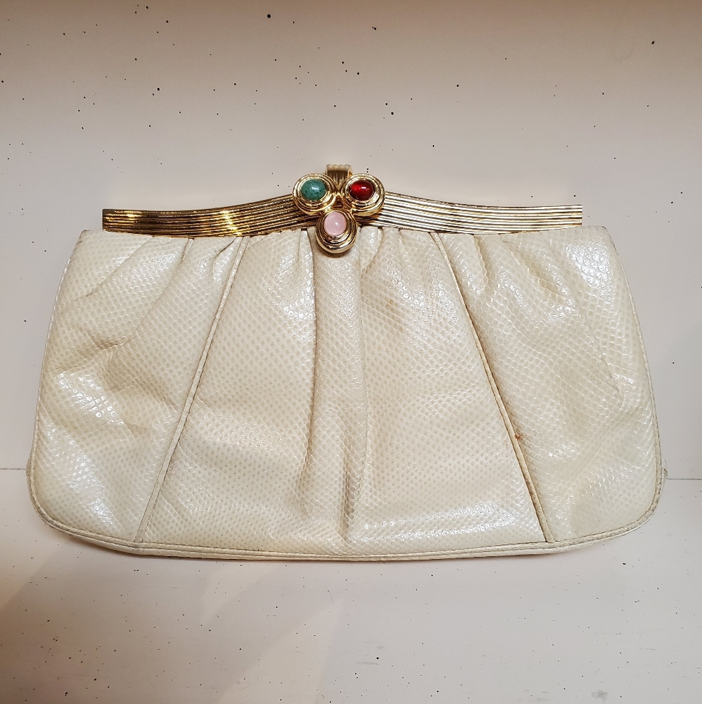 Judith Leiber Cream Snakeskin/Stone Clutch